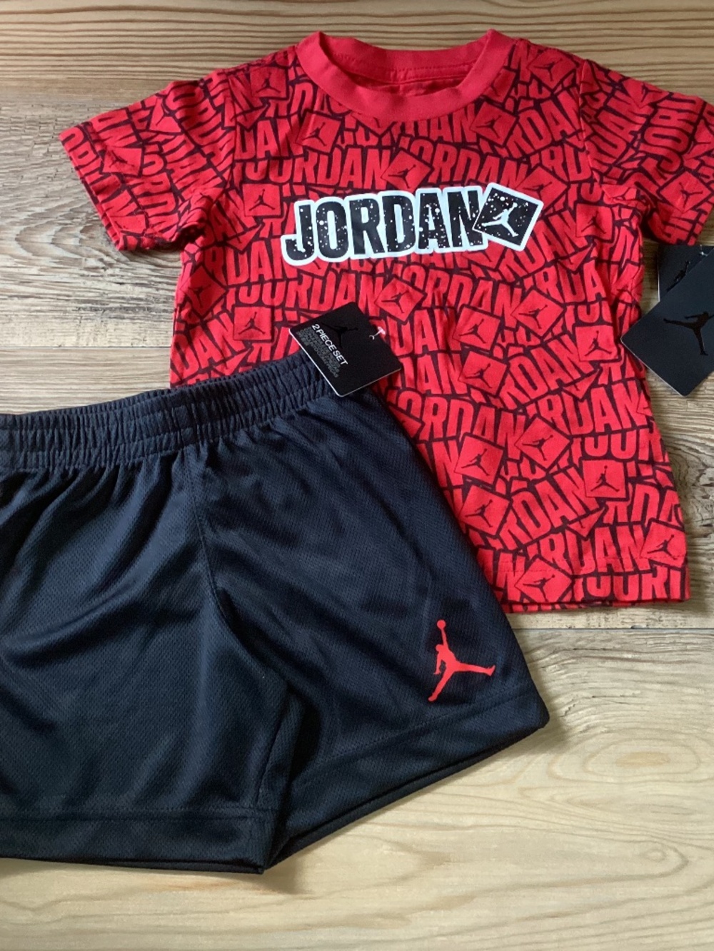 Jordan Red Logo Tee & Black Athletic Shorts Kids Set Size 3T(NWT)